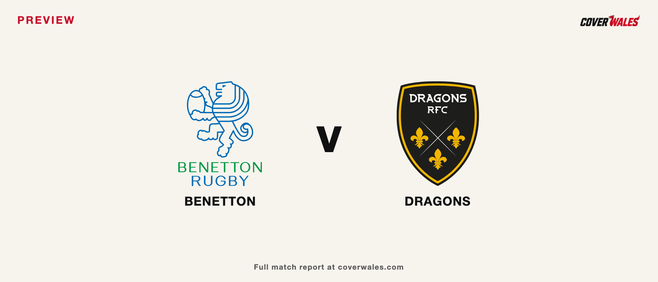 Cover Wales preview card with the verified Benetton and Dragons rugby crests.