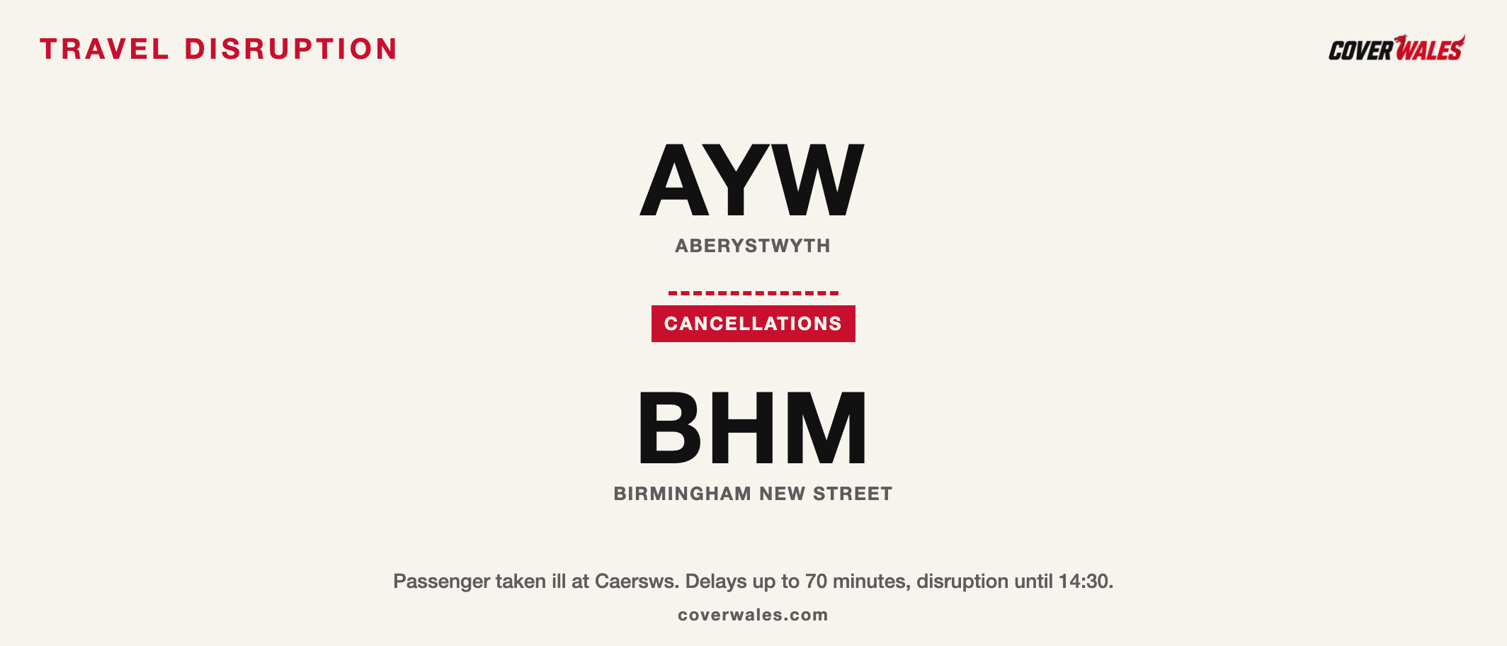 Cover Wales card: Aberystwyth to Birmingham New Street, cancellations, Caersws incident