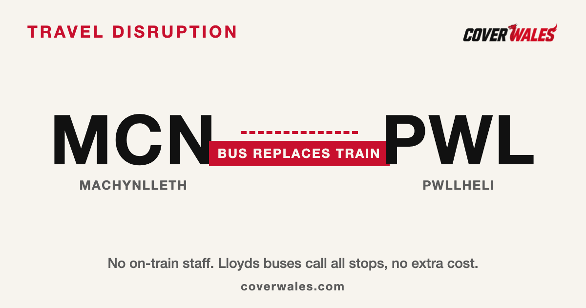 Departure board card: Machynlleth to Pwllheli, bus replaces train