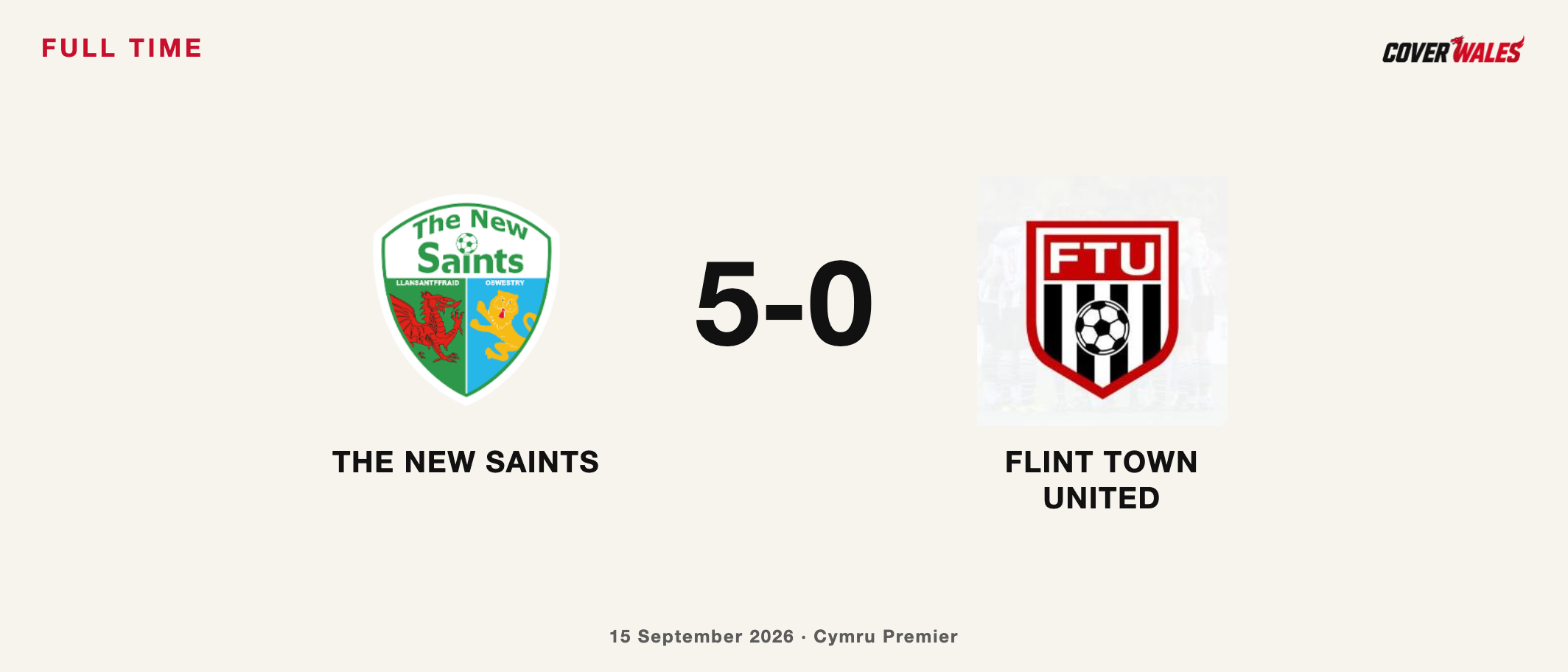 Cover full-time graphic: The New Saints 5-0 Flint Town United on 15 September 2026. Official club crests, Cover Wales design. Result: API-Football.