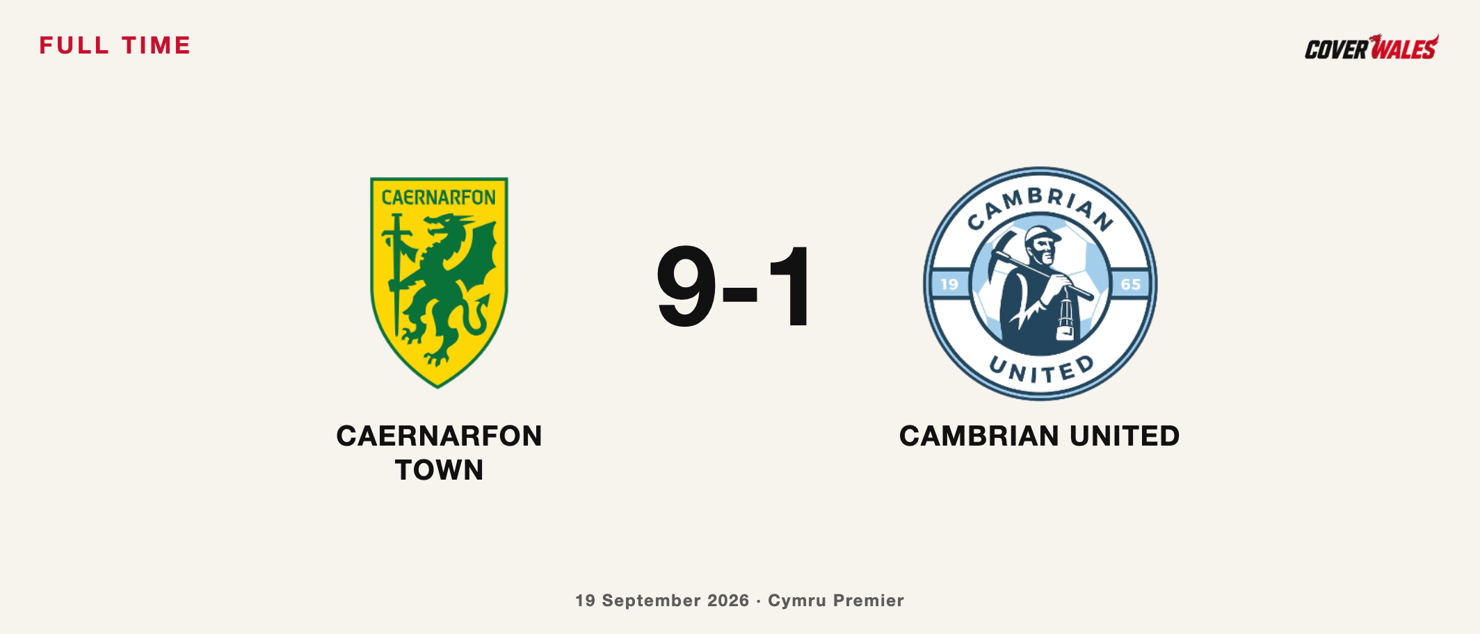 Cover full-time graphic showing Caernarfon Town 9-1 Cambrian United, the largest win in the Cymru Premier round.