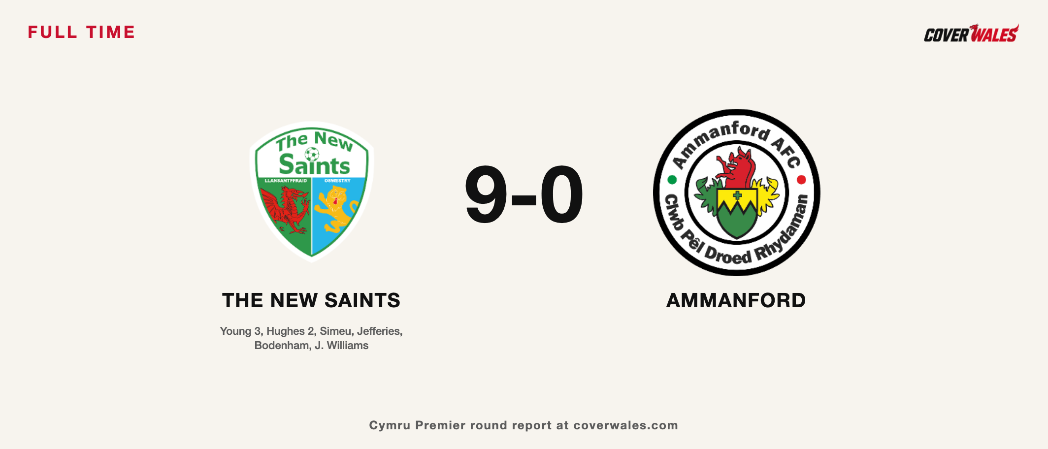 Cover full-time graphic showing The New Saints 9-0 Ammanford, with Brad Young’s hat-trick among the scorers.