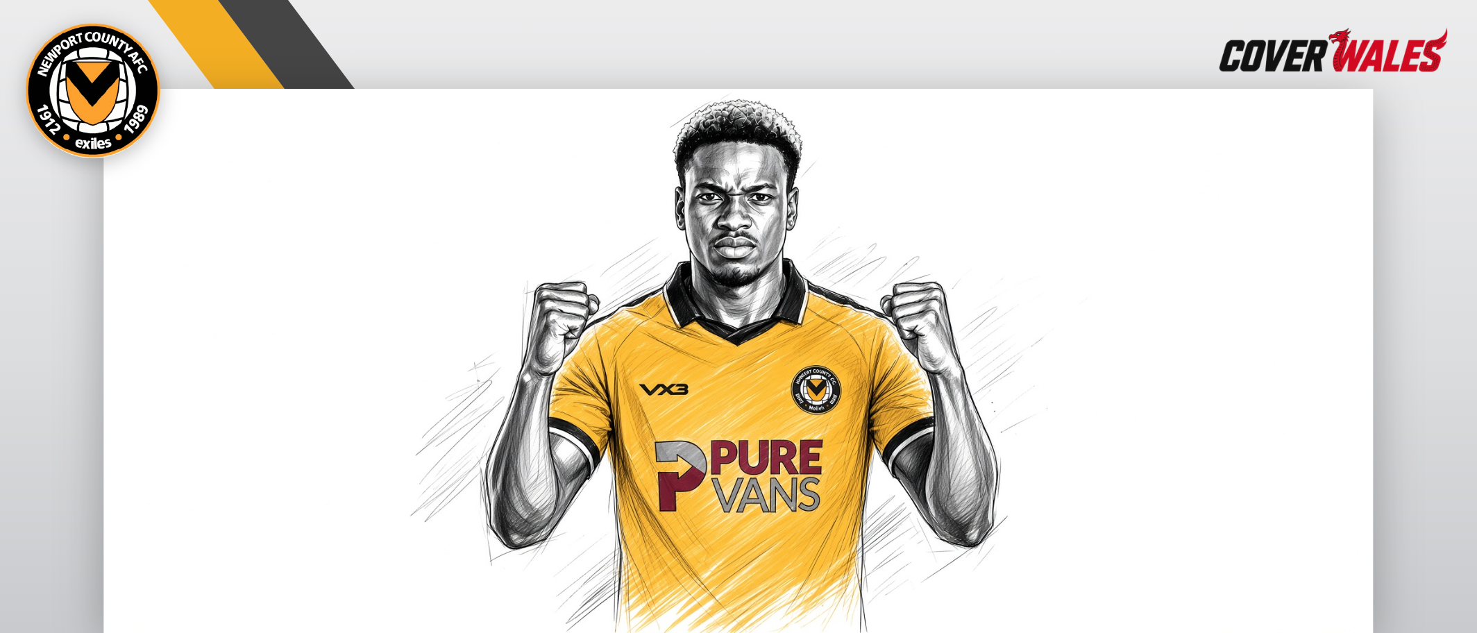 Cover Wales illustration of Shaquille Gwengwe in Newport County colours, based on existing desk artwork.