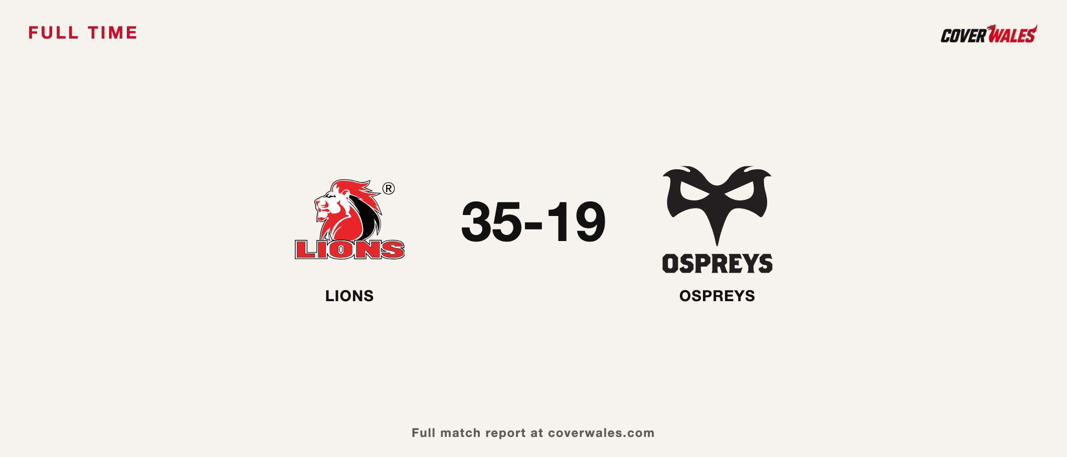 Lions and Ospreys crests beside the 35–19 full-time score.