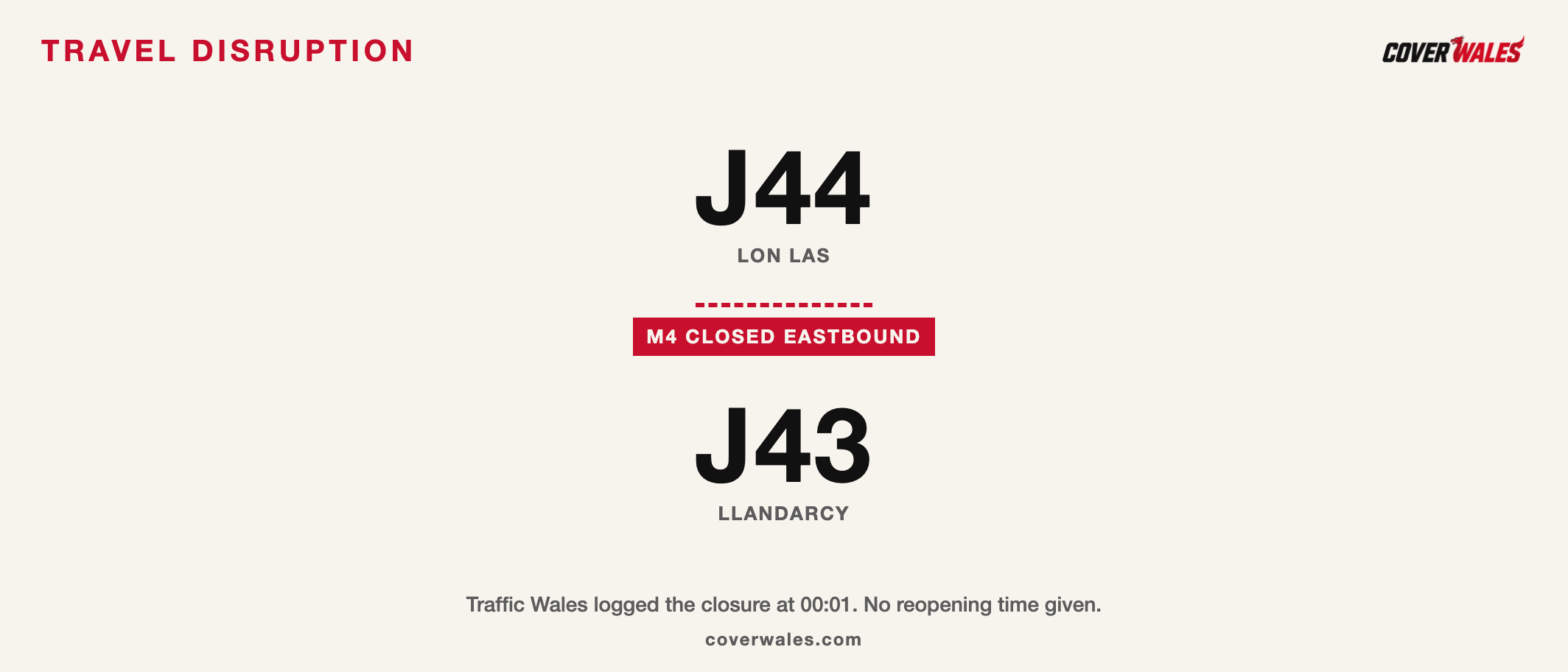 M4 closed eastbound between junction 44 at Lon Las and junction 43 at Llandarcy