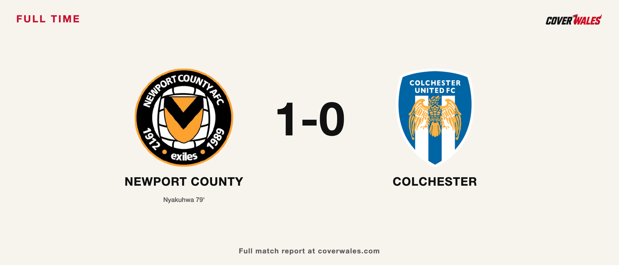 Newport County and Colchester United crests beside the 1–0 score, with Nyakuhwa’s 79th-minute goal.