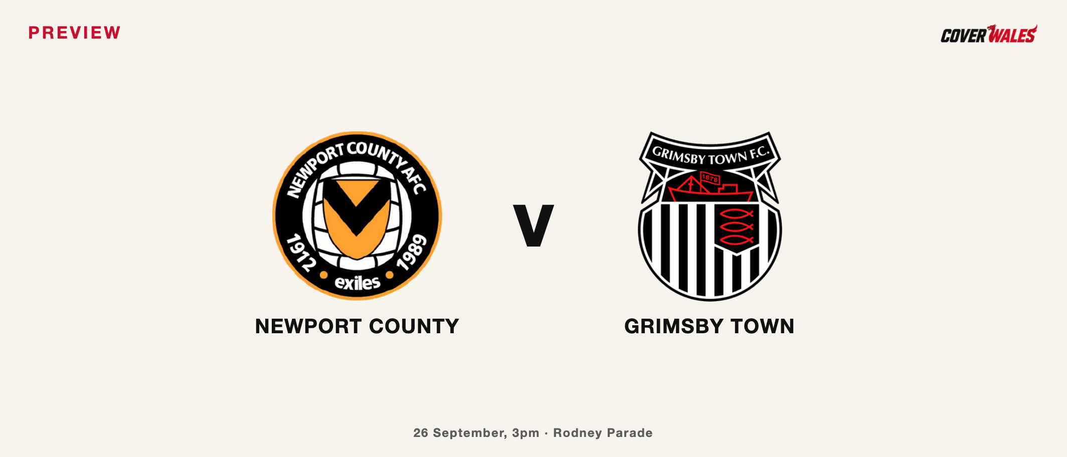 Newport County and Grimsby Town crests side by side for the 26 September fixture.