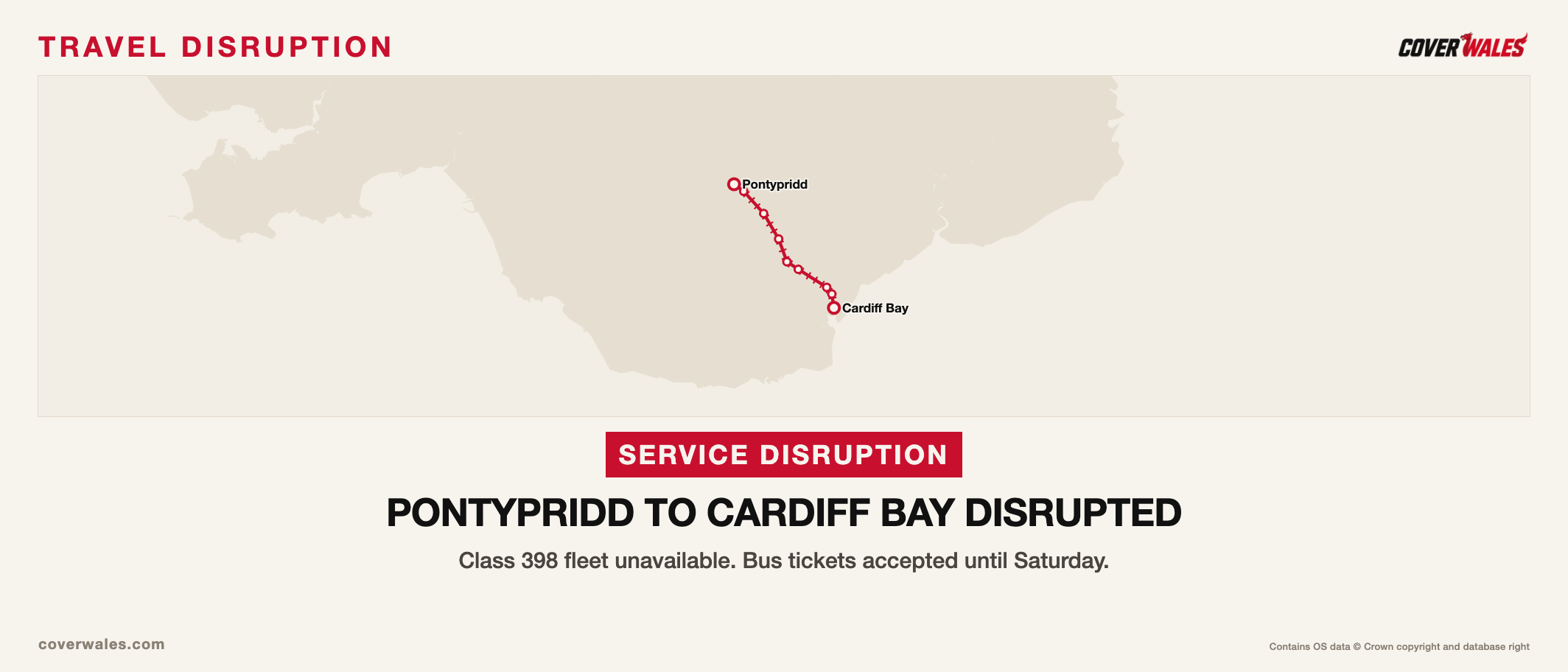 A Cover Wales route map showing the railway between Pontypridd and Cardiff Bay