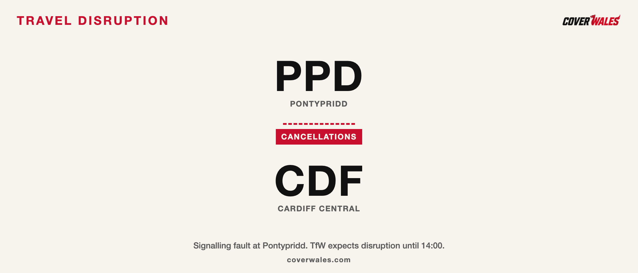 Cover Wales card: Pontypridd to Cardiff Central, cancellations, signalling fault