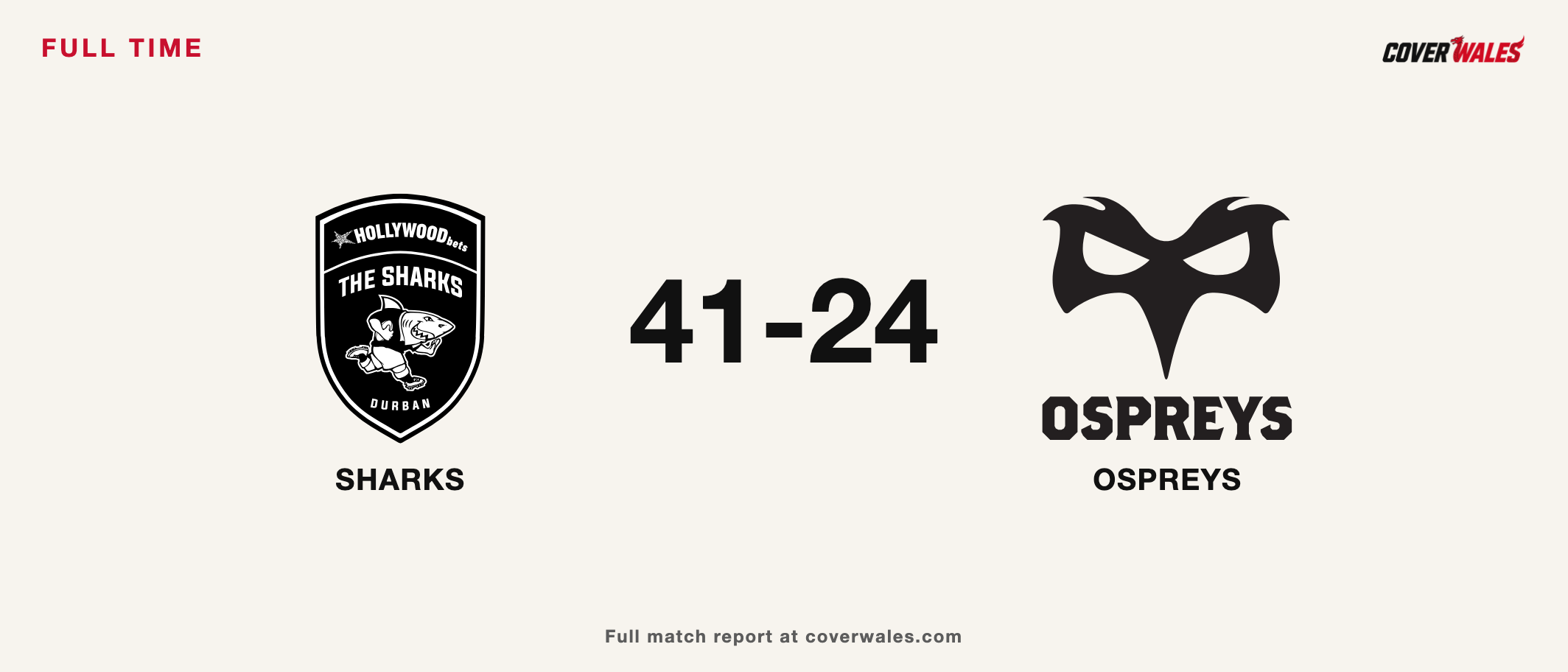 Sharks and Ospreys crests beside the confirmed 41–24 score.