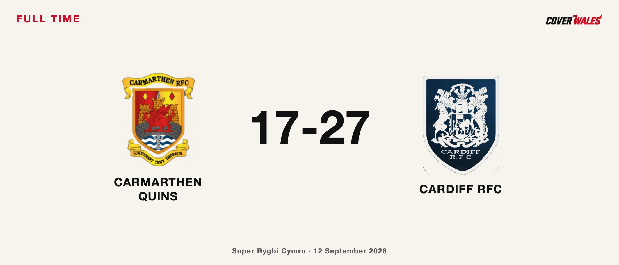 Cover match graphic: Carmarthen Quins 17-27 Cardiff RFC, 12 September 2026, with the two official club crests on the website’s light background.