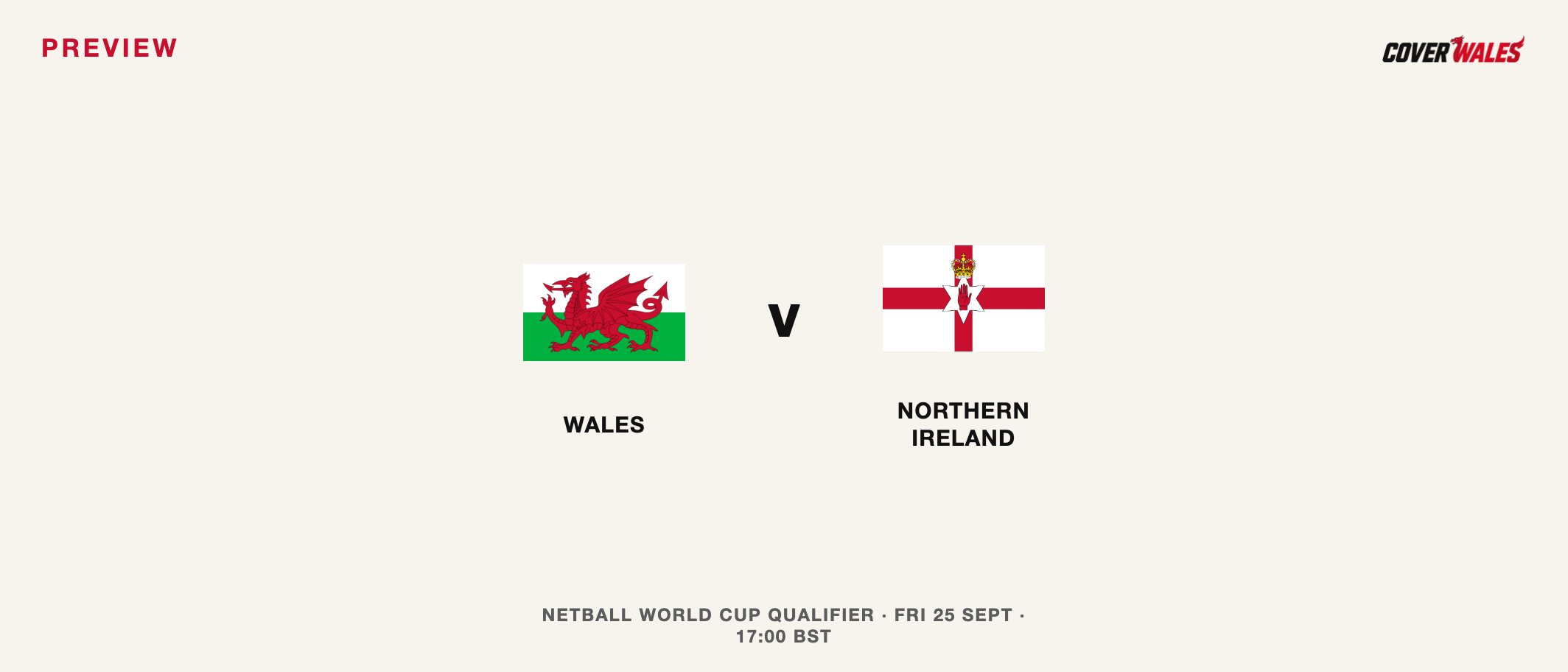Cover Wales fixture graphic: Wales face Northern Ireland in the opening netball World Cup qualifier on 25 September at 17:00 BST.