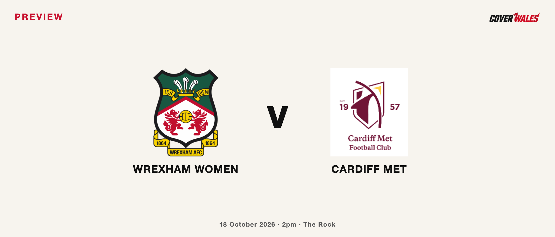 Cover Wales fixture preview: Wrexham Women v Cardiff Met at The Rock, Sunday 18 October 2026, 2pm. Desk-rendered card using verified club crests.