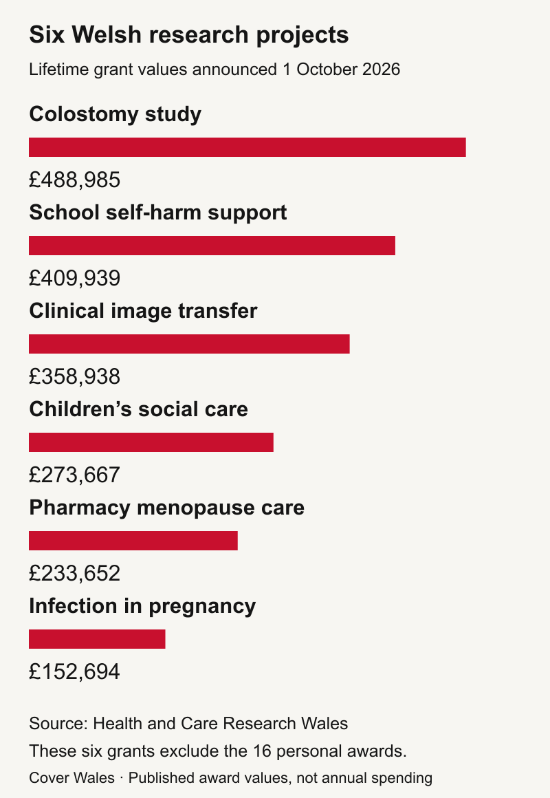 Six project grants range from £152,694 for infection research to £488,985 for a colostomy feasibility study.