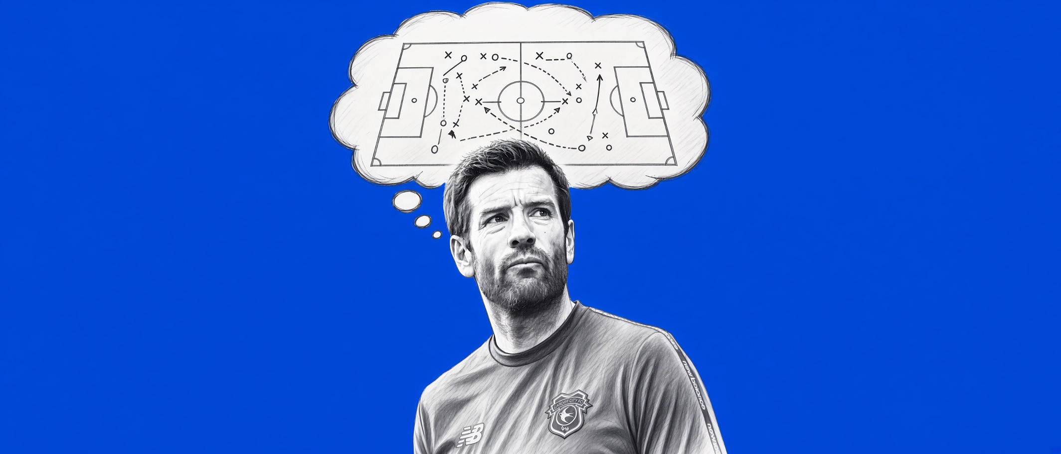 Illustration: a Cardiff manager deep in the tactics, sketch by the desk