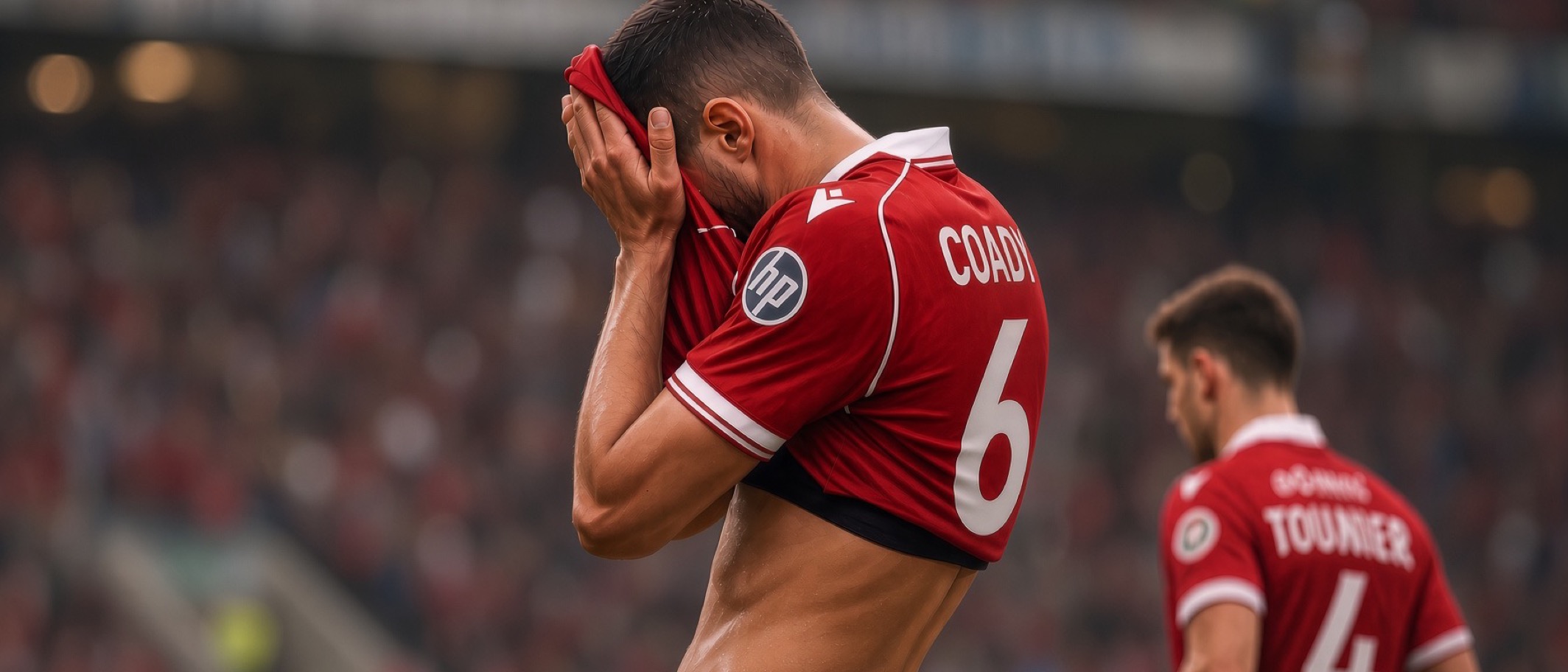 Illustration: a Wrexham number 6 in the red home shirt with his face in his hands after a defeat