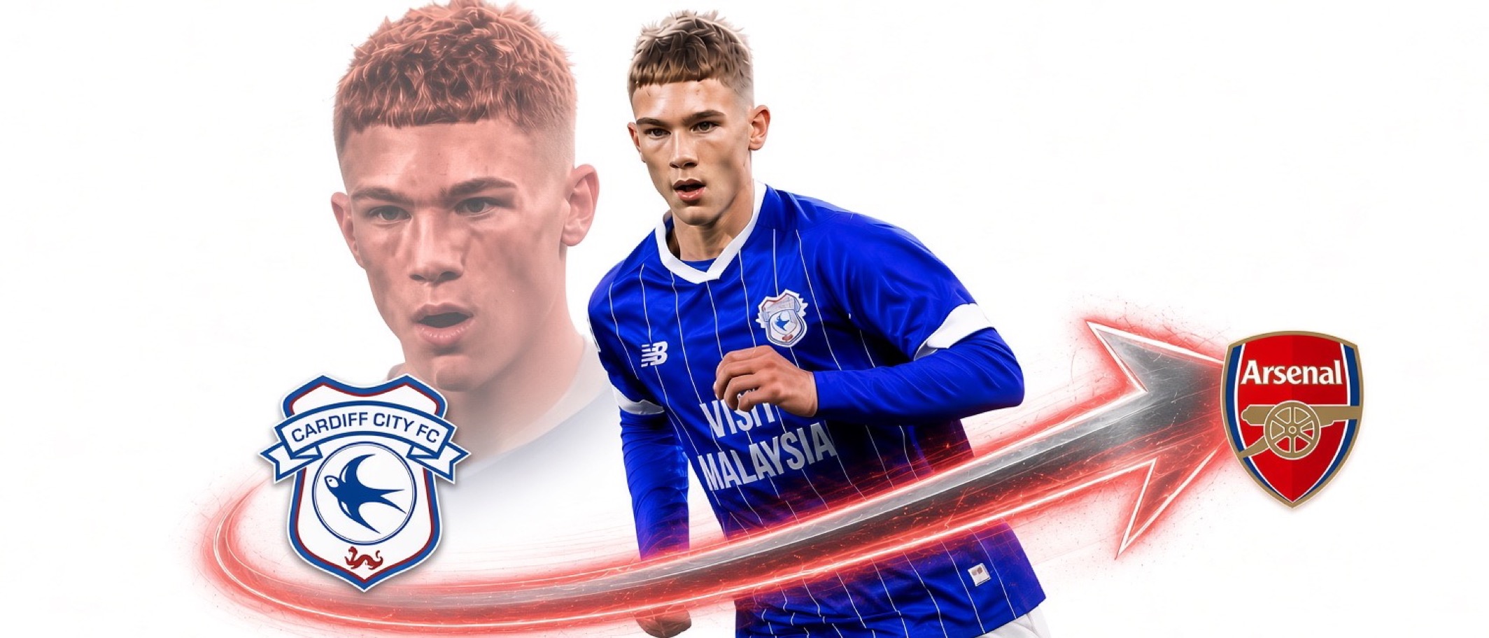 Illustration: Axel Donczew in Cardiff City blue, with the Cardiff City and Arsenal crests and an arrow running between them