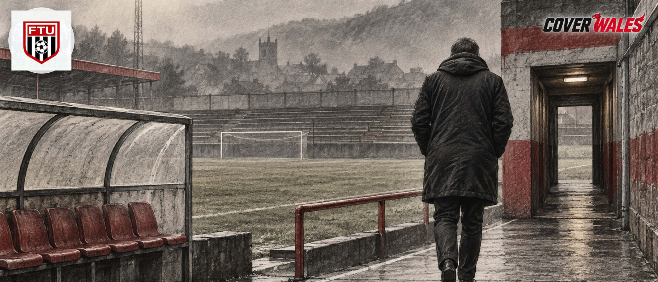 Illustration of an anonymous football manager walking away from a touchline toward a tunnel, with the Flint Town United crest.