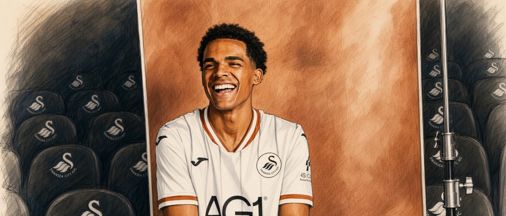 Illustration of Tom Iorpenda in a Swansea City shirt at his signing shoot