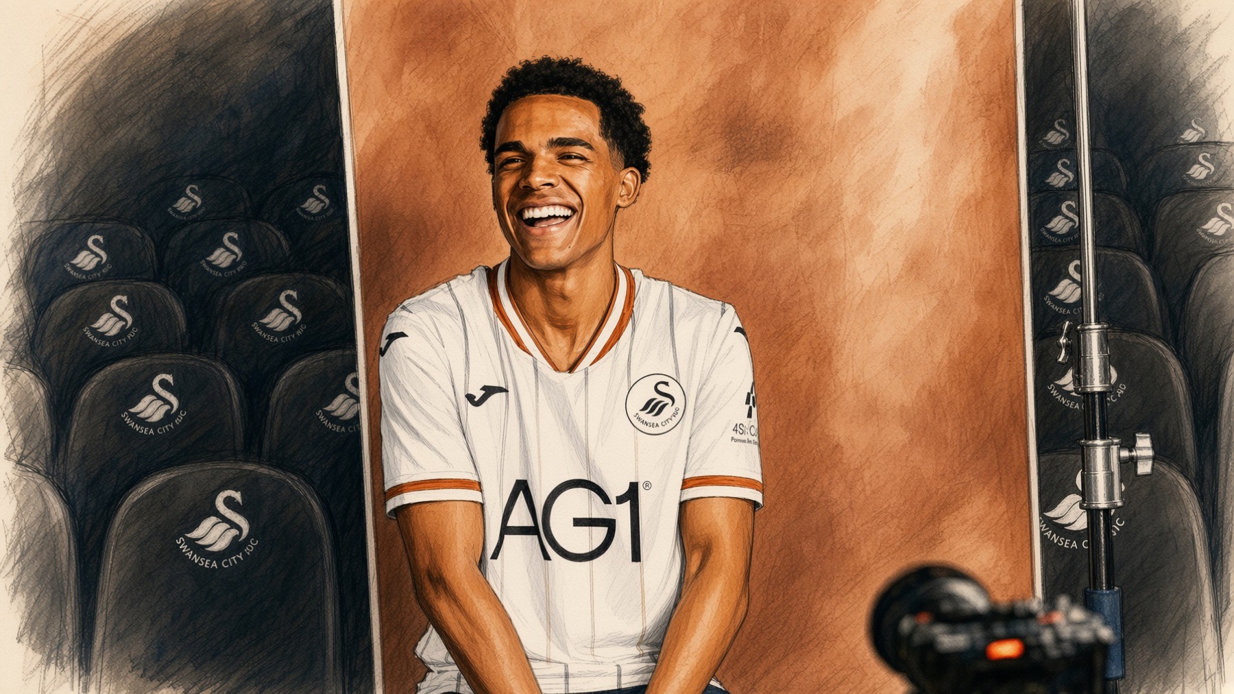 Illustration of Tom Iorpenda in a Swansea City shirt at his signing shoot