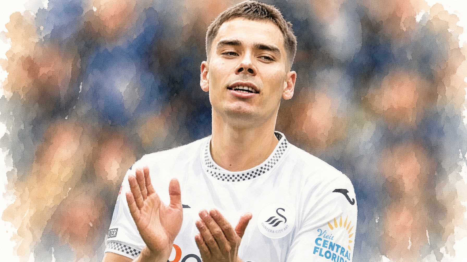 Illustration of Leo Walta applauding in a Swansea City shirt