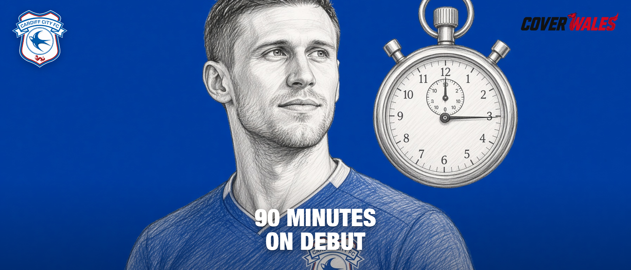 Cover picture: Krystian Bielik in Cardiff City blue with a stopwatch at 90 minutes, sketch by the desk from a Wikimedia Commons photograph (CC BY-SA), not a photograph