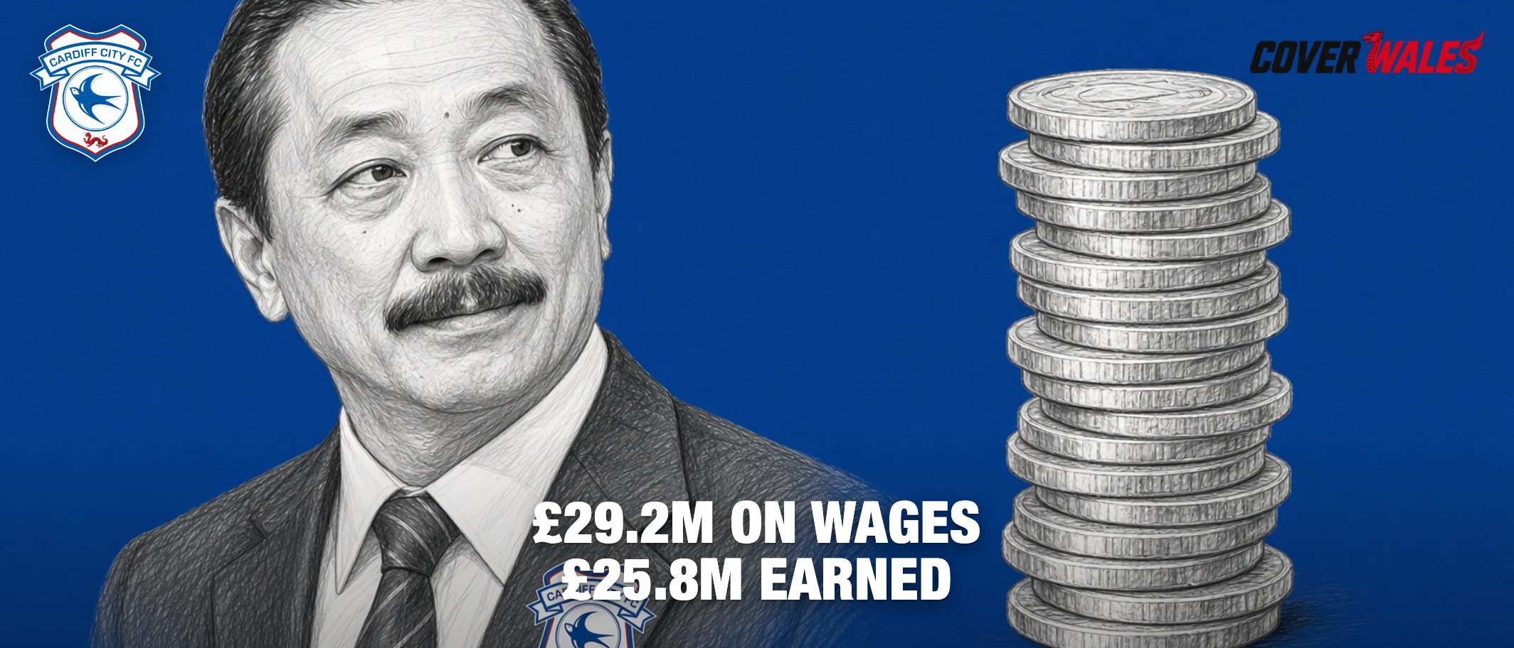 Cover picture: Vincent Tan beside a stack of coins, sketch by the desk from a Wikimedia Commons photograph (CC BY-SA), not a photograph