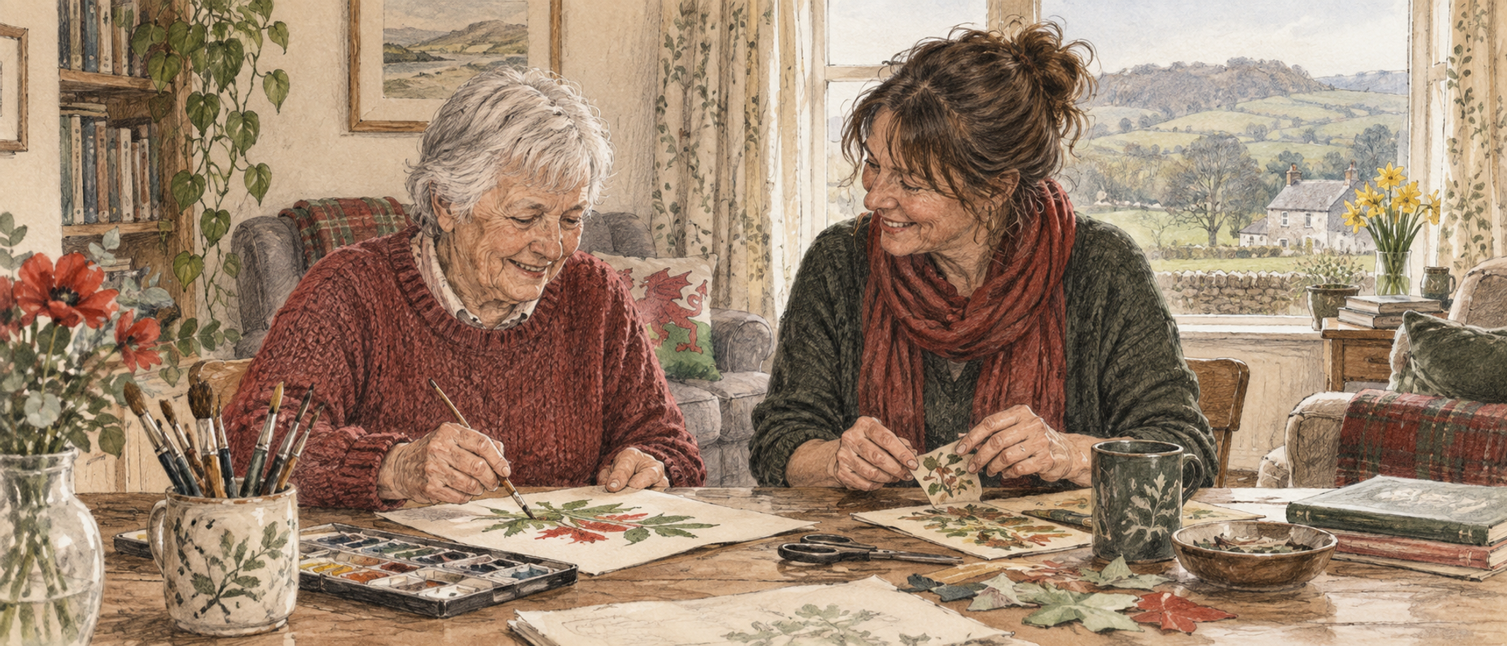 Conceptual Cover illustration of an older woman and a creative facilitator making art together in a home setting. This is an illustration, not a photograph of Creative Home Delivery Service participants.
