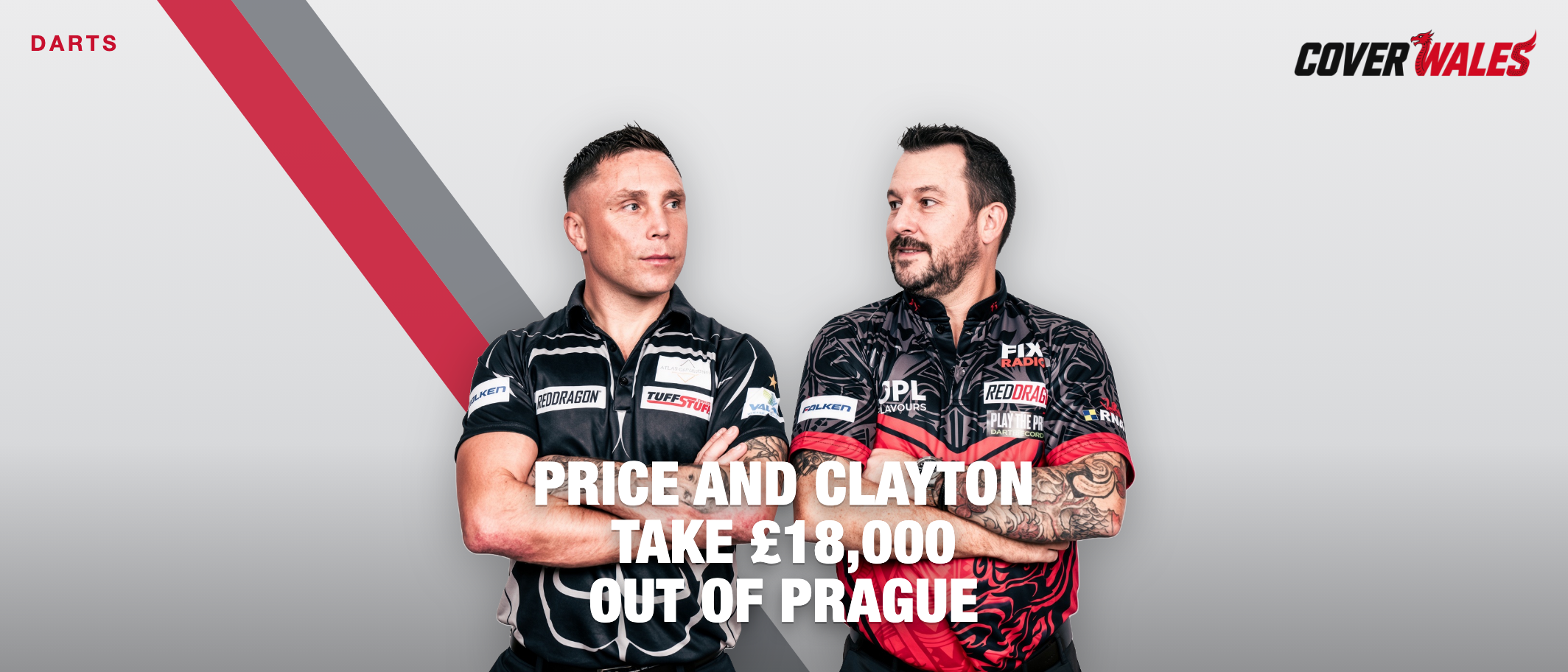 Cover card: Gerwyn Price and Jonny Clayton on a Cover background, built by the desk from the PDC's own profile photographs of both players. The line on the card reads Price and Clayton take £18,000 out of Prague.