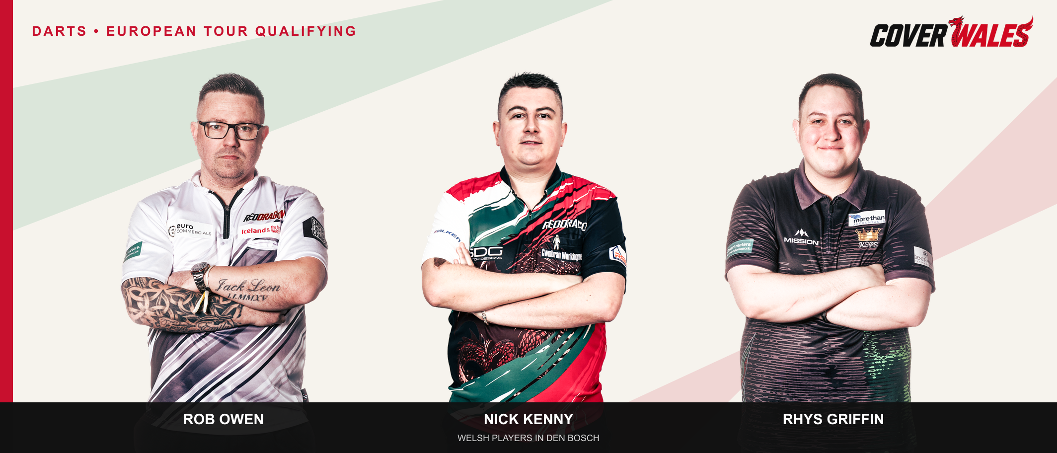 Cover Wales composition of official PDC profile photographs of Rob Owen, Nick Kenny and Rhys Griffin.