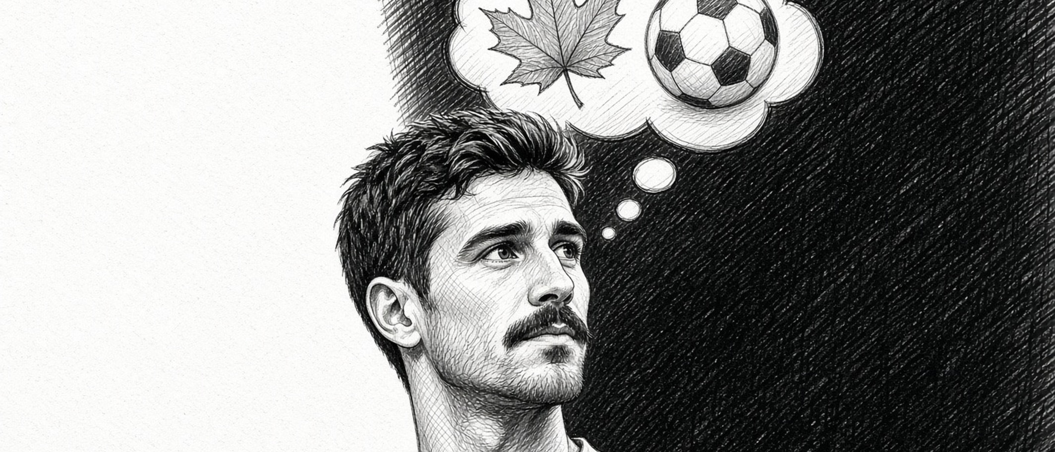 Cover picture: pencil-sketch illustration of Stephen Eustaquio thinking about Canada and football, based on a licensed reference photograph; not a photograph