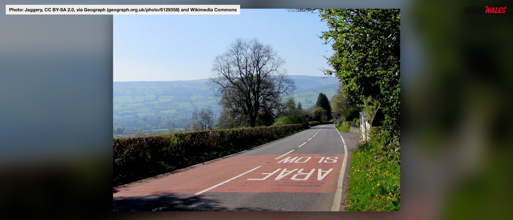 The A40 south of Bwlch, Powys, the road closed between Cefn Brynich and Tretower. Photo: Jaggery, CC BY-SA 2.0, via Geograph (geograph.org.uk/photo/6129358) and Wikimedia Commons