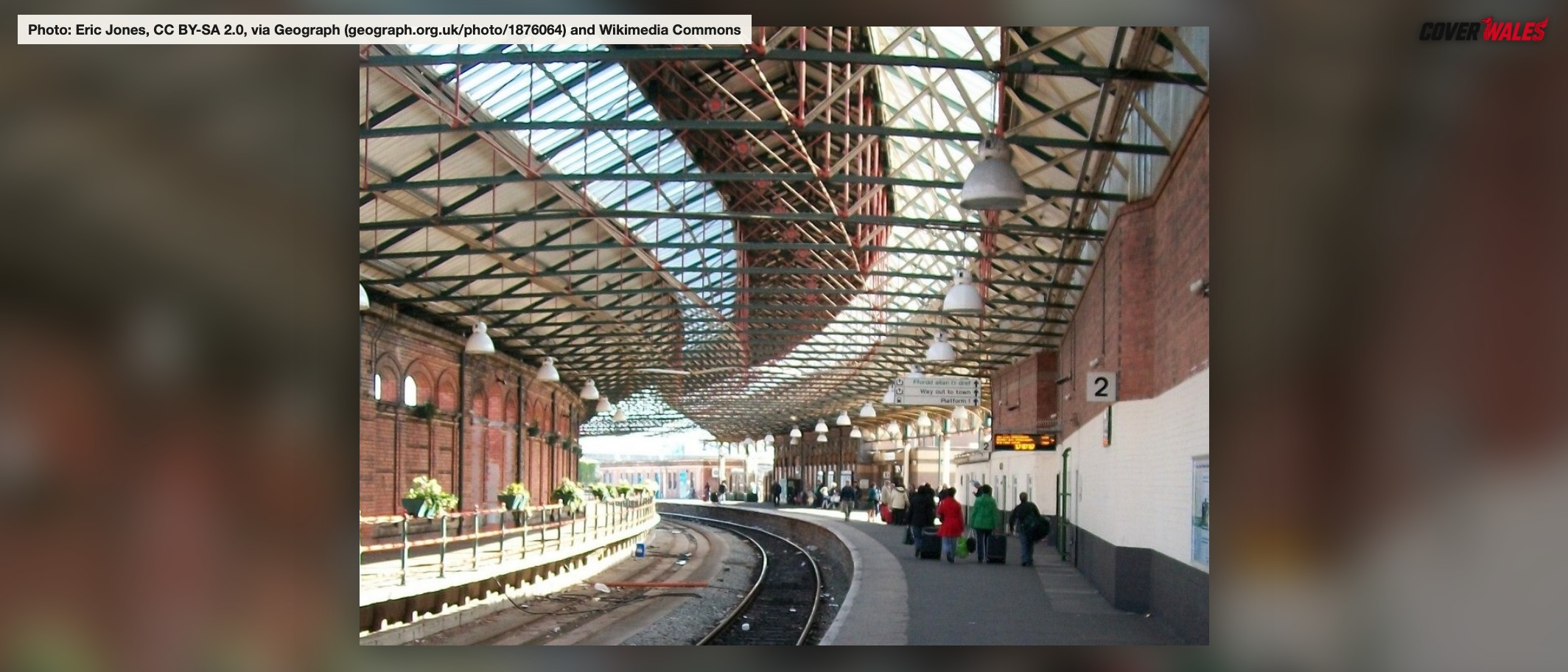 Platform 2 at Holyhead Station. Photo: Eric Jones, CC BY-SA 2.0, via Geograph (geograph.org.uk/photo/1876064) and Wikimedia Commons