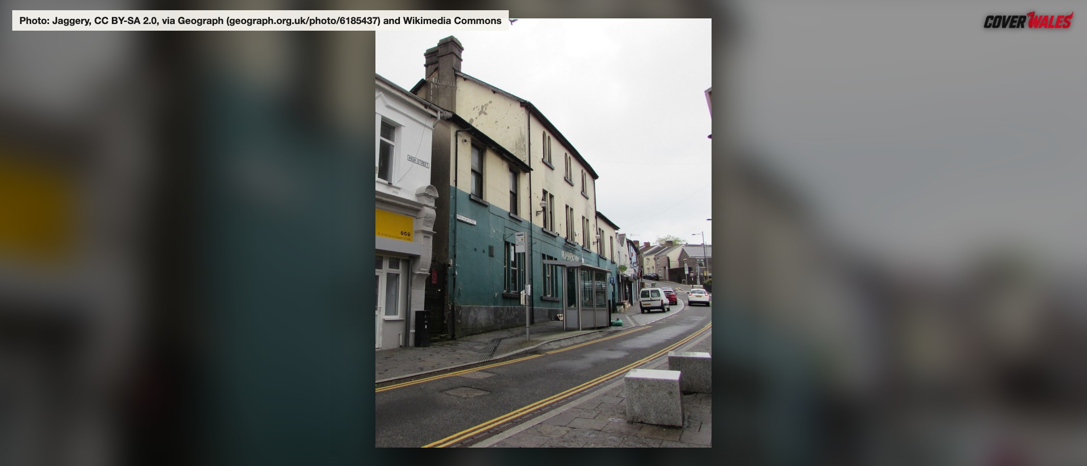 Archive view from High Street to Upper High Street, Bargoed, June 2019. Photo: Jaggery, CC BY-SA 2.0, via Geograph and Wikimedia Commons.
