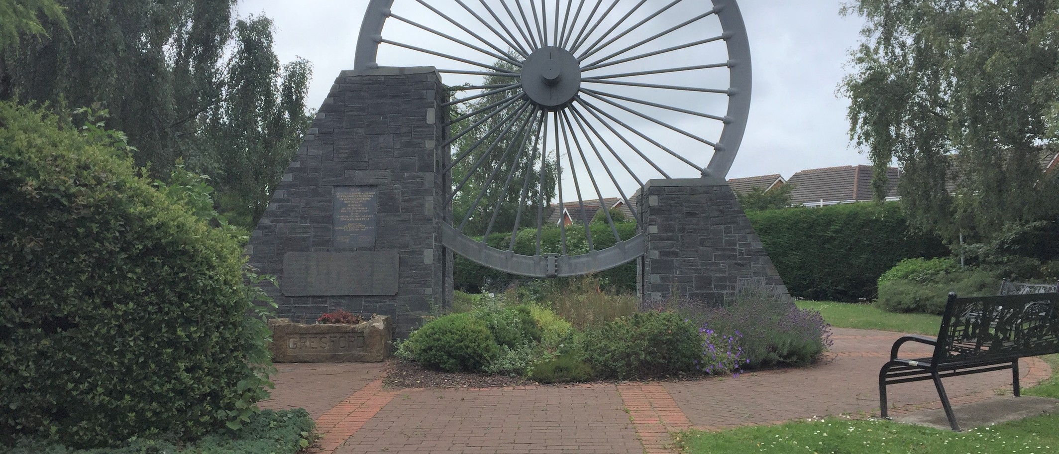 The Gresford Colliery Miner's Wheel Memorial at Pandy, photographed by Eirian Evans in 2020.