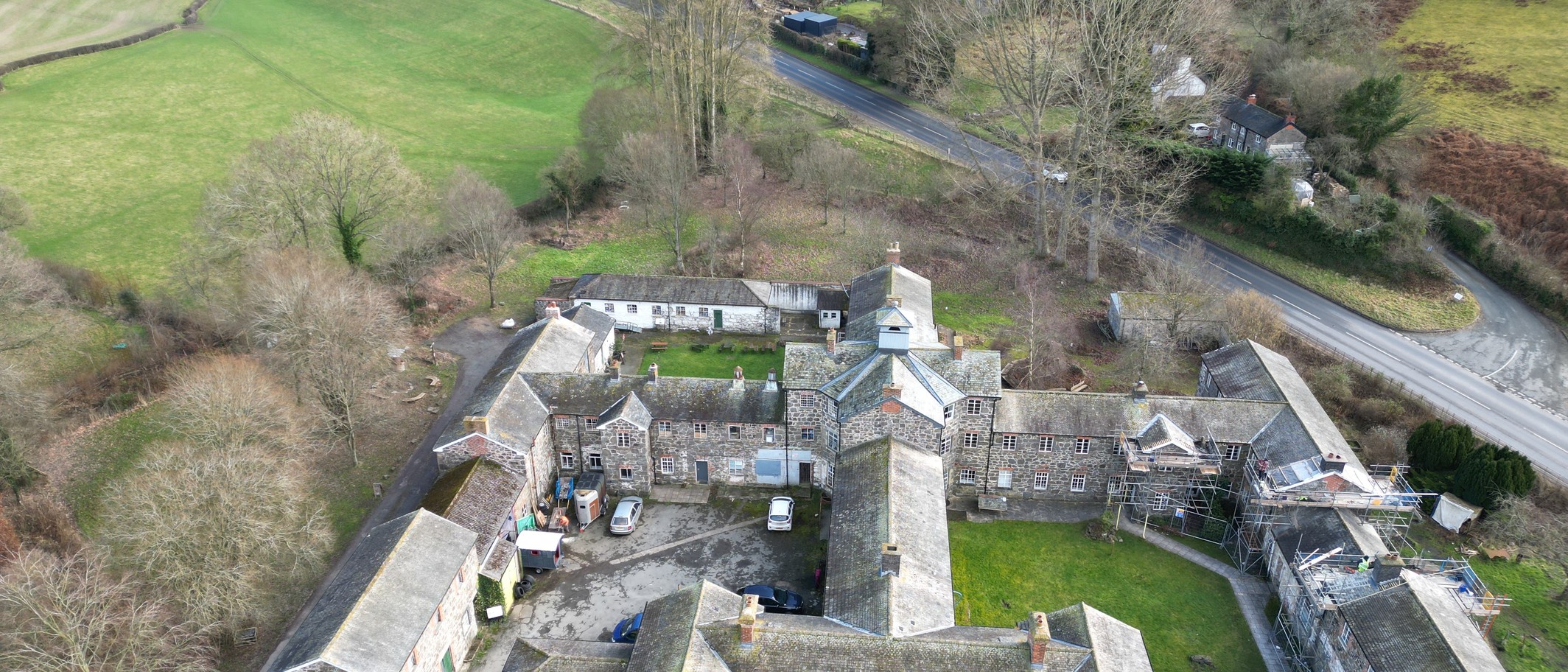 Archive: Y Dolydd, Llanfyllin Workhouse, on 5 February 2023. Llywelyn2000 / Wikimedia Commons, CC BY-SA 4.0; cropped. The proposed package includes habitat work here. This is not a sewage works or a photograph of a spill.