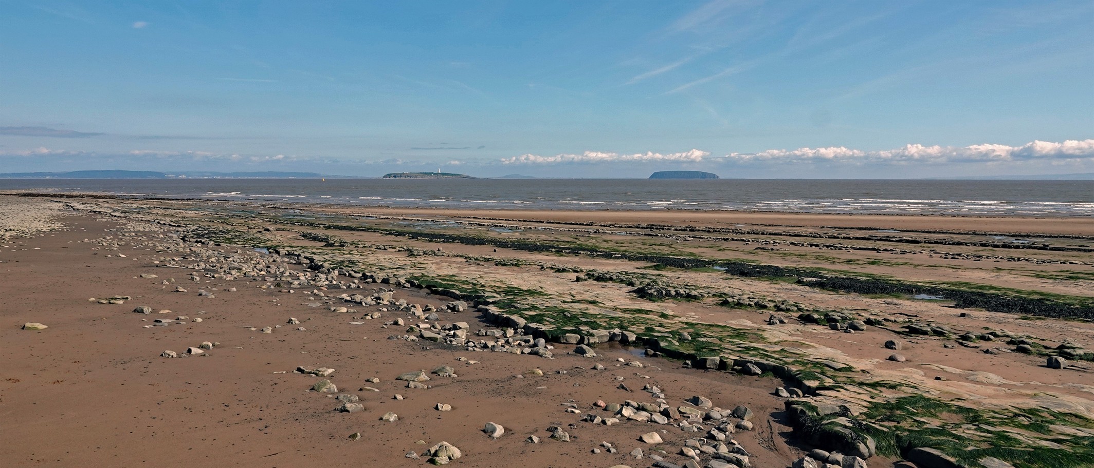 Lavernock Beach at low tide in July 2024. Archive photograph, not the fossil discovery. Photo: Dylan Moore, CC BY-SA 2.0, via Geograph and Wikimedia Commons; cropped.