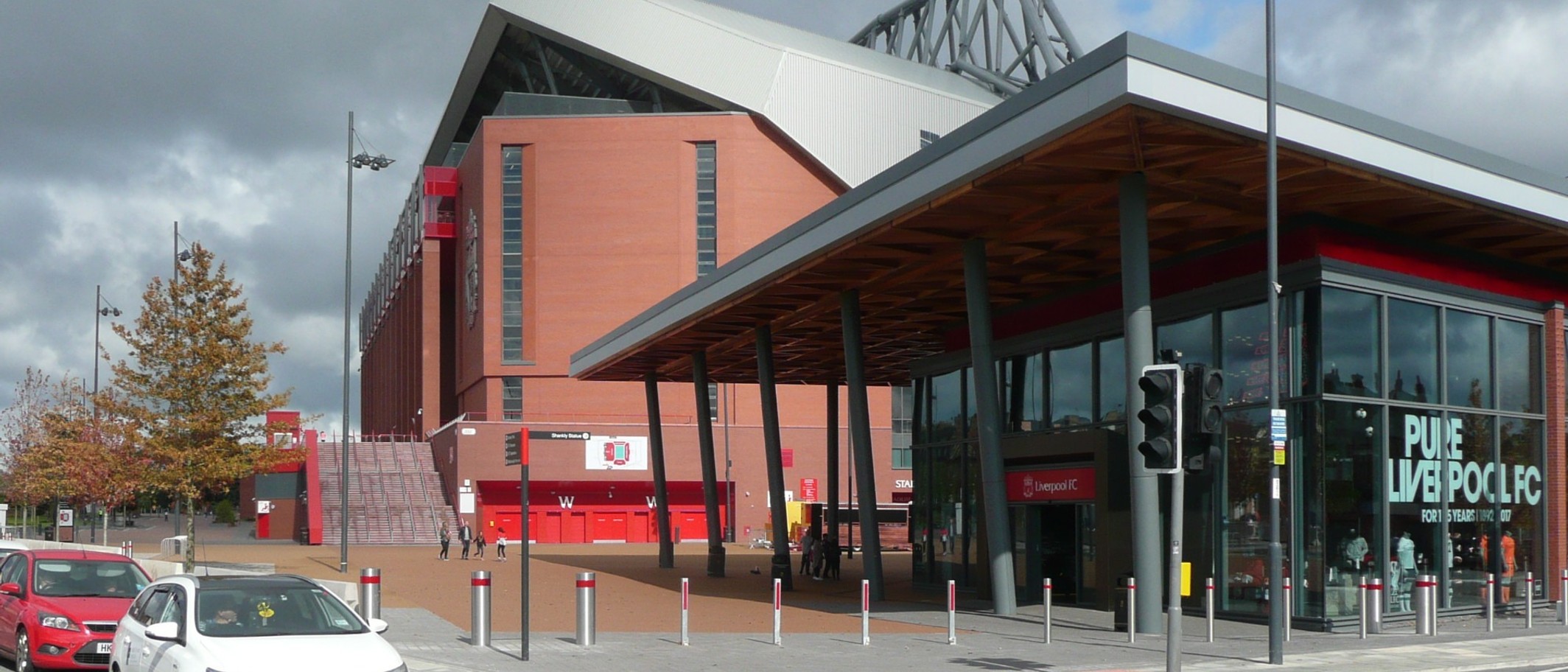 Anfield stadium exterior on 9 September 2017. Archive photograph, not Lewis Koumas or the October 2026 match. Humphrey Bolton / Geograph and Wikimedia Commons, CC BY-SA 2.0; cropped.