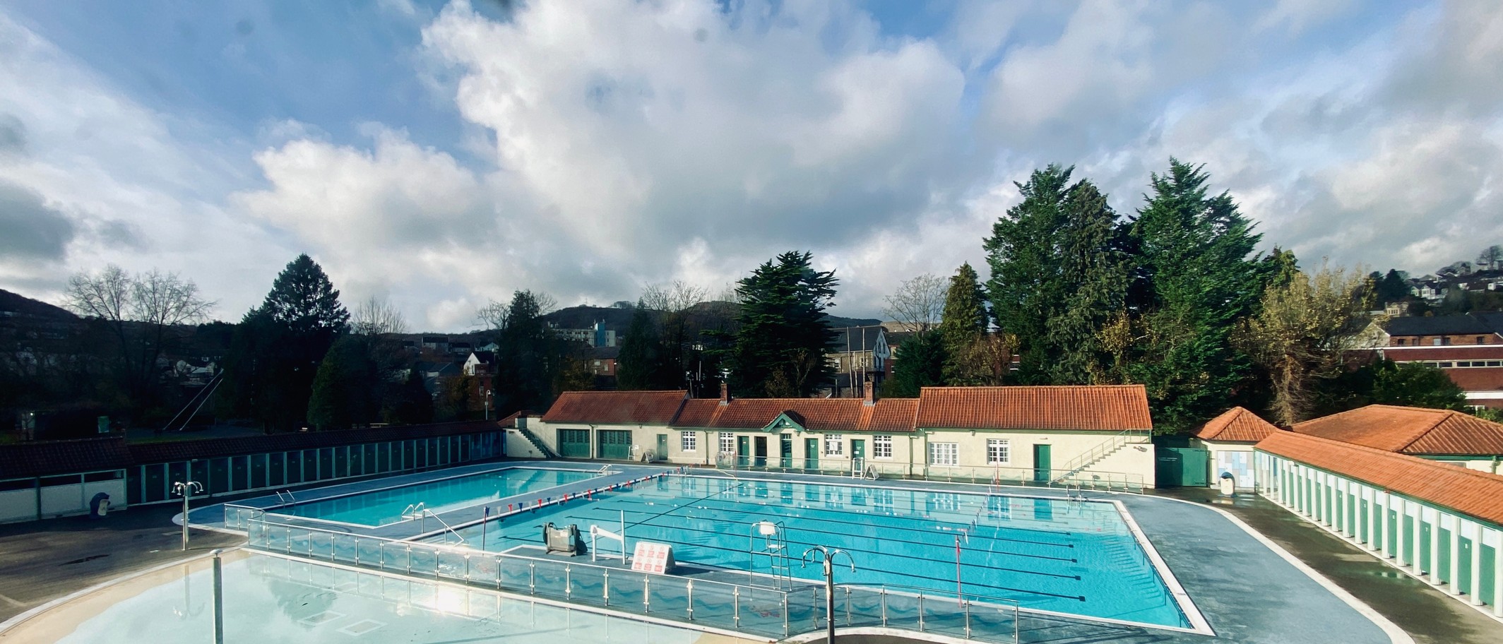 The outdoor pools at Lido Ponty in Pontypridd, photographed by Alan Hughes.