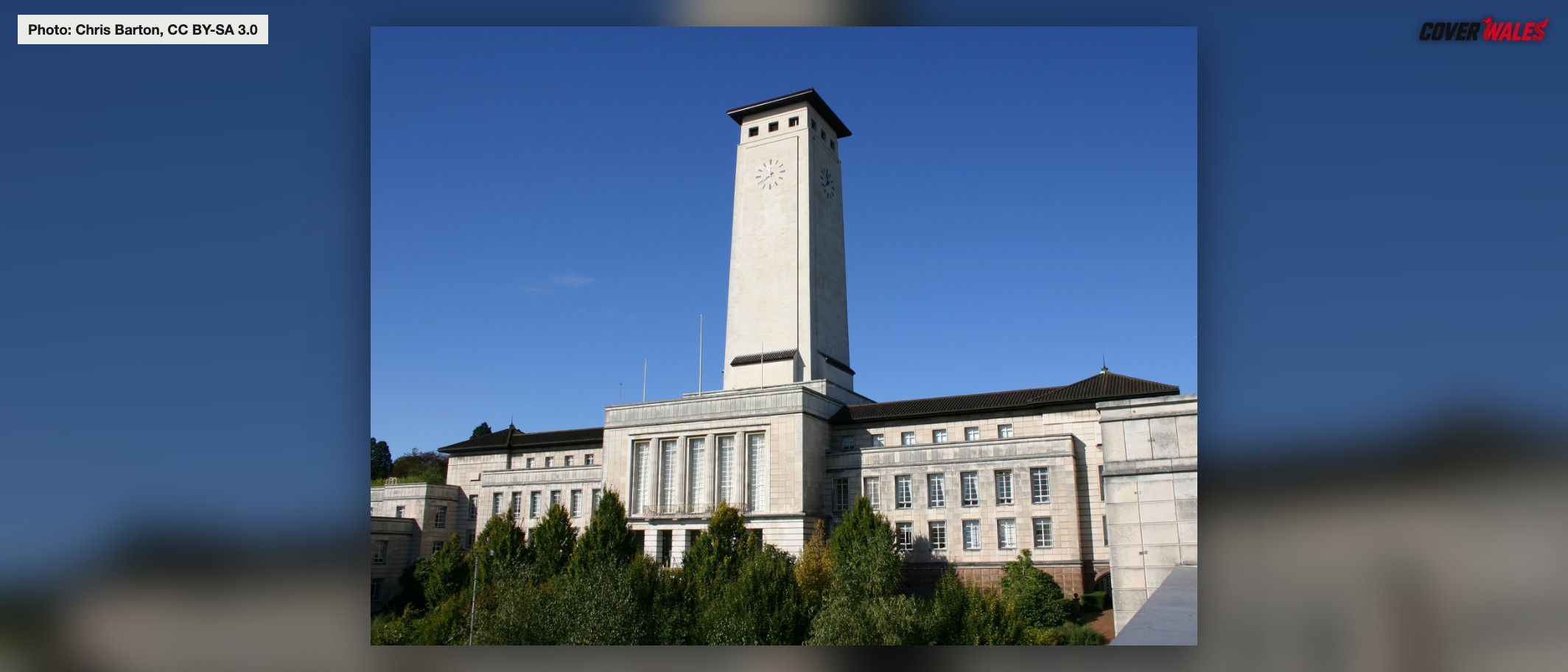 Newport Civic Centre and clock tower. Photo: Chris Barton, CC BY-SA 3.0, via Wikimedia Commons; cropped and framed by Cover Wales.