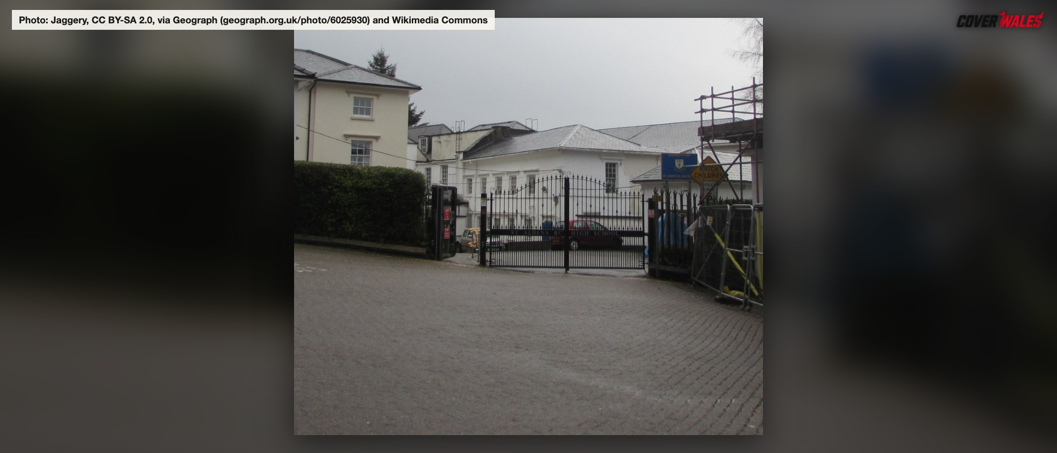 Archive: entrance gates to St Alban’s RC High School, Pontypool, 16 January 2019. Jaggery / Geograph and Wikimedia Commons, CC BY-SA 2.0; cropped or framed. Not current pupils or the attendance study.