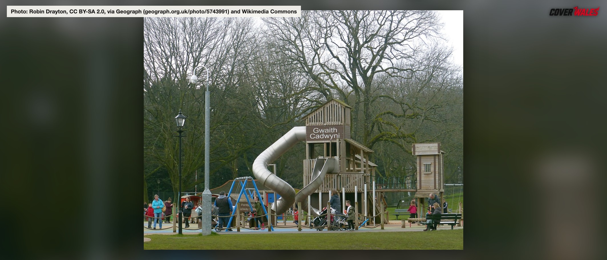 Children's play area, Ynysangharad War Memorial Par, Pontypridd. Photo: Robin Drayton, CC BY-SA 2.0, via Geograph (geograph.org.uk/photo/5743991) and Wikimedia Commons