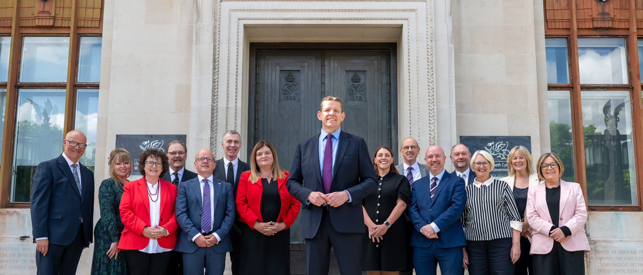 First Minister Rhun ap Iorwerth with the Welsh Cabinet outside Cathays Park in May 2026. Photo: Welsh Government.