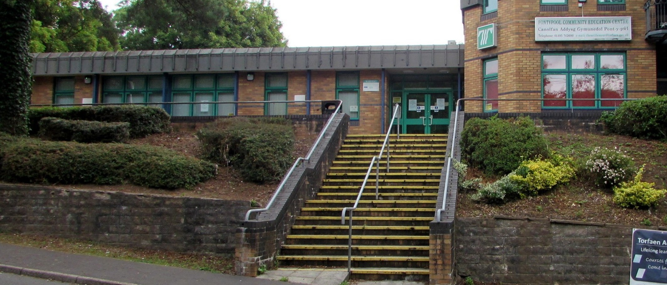 Wide steps up to Pontypool Community Education Centre. Photo: Jaggery, CC BY-SA 2.0. Archive photograph.
