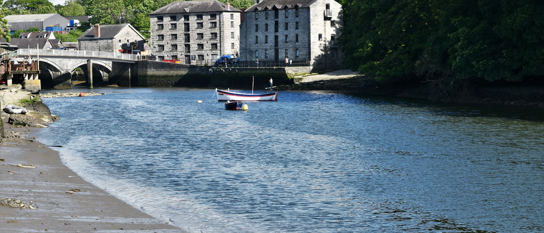 River Teifi and Cardigan Bridge, 11 June 2021. Archive location context, not flooding today. Michael Garlick / Geograph and Wikimedia Commons, CC BY-SA 2.0; cropped.