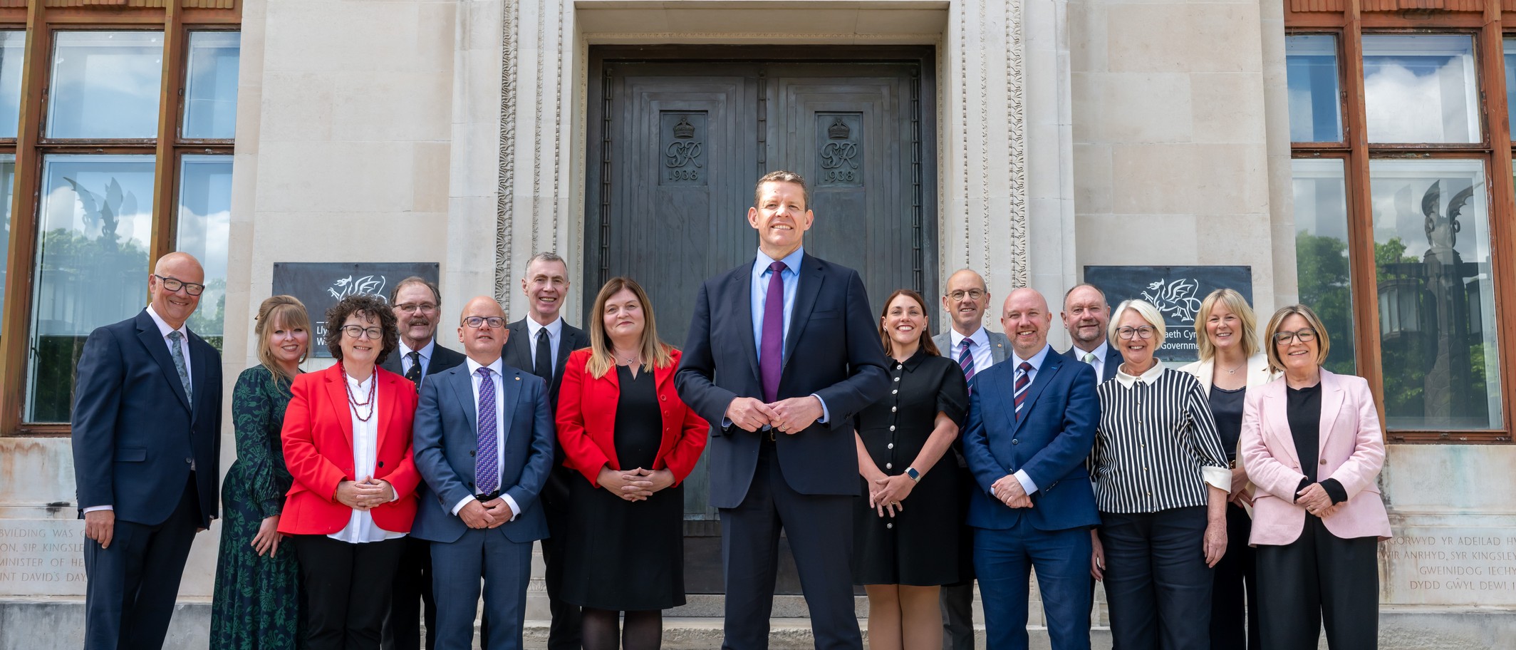 First Minister Rhun ap Iorwerth with the Welsh Cabinet outside Cathays Park in May 2026. Photo: Welsh Government.