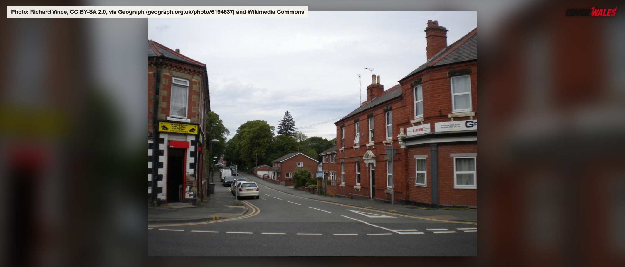Ruthin Road in Wrexham, photographed in June 2019. Archive street view, not a marked boarding point. Photo: Richard Vince, CC BY-SA 2.0, via Geograph and Wikimedia Commons.