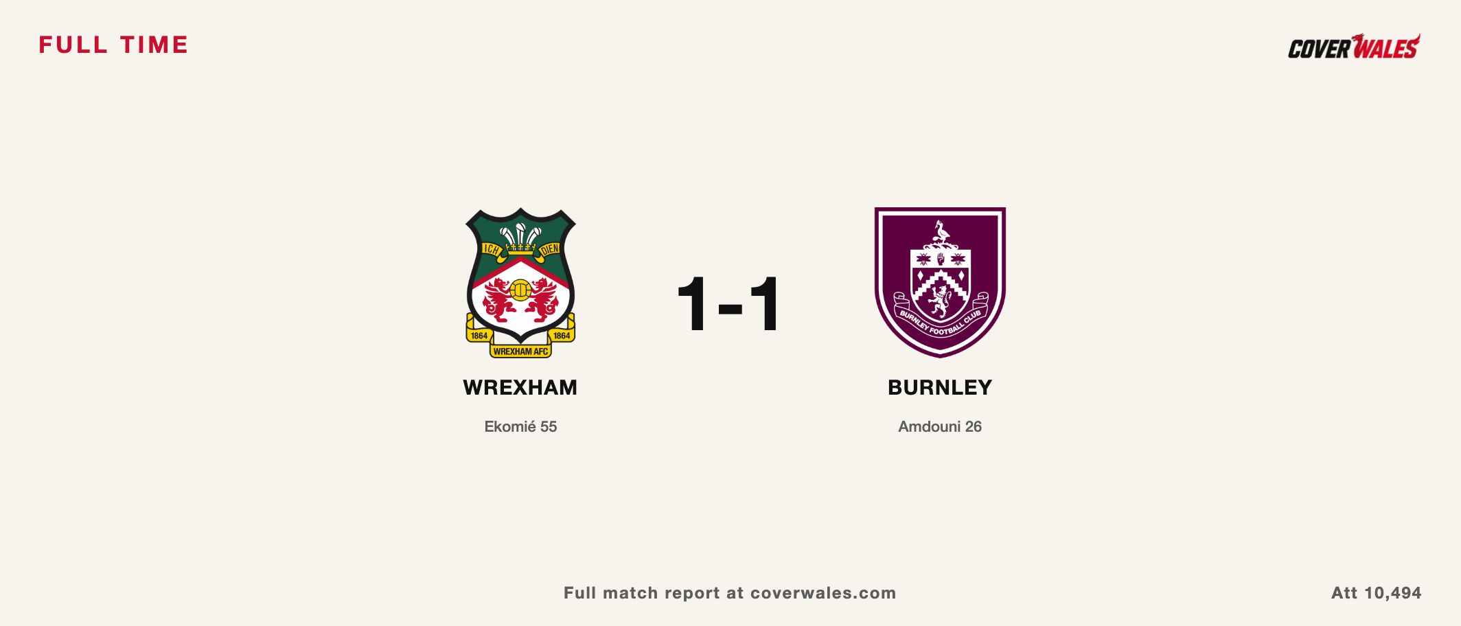 Wrexham 1-1 Burnley, full time card